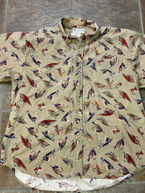 ~~Columbia Shirt Mens Size Large Beige Short Sleeve Button Up Fly Fishing - Picture 1 of 4
